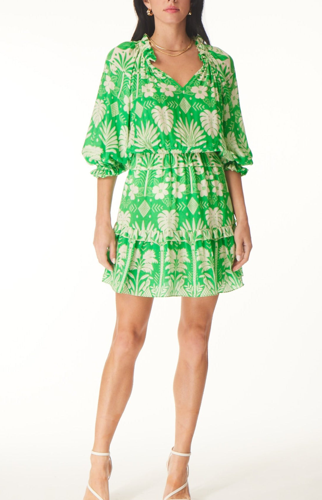 The 3/4 Sleeve Smock Mini Dress in Green Acres