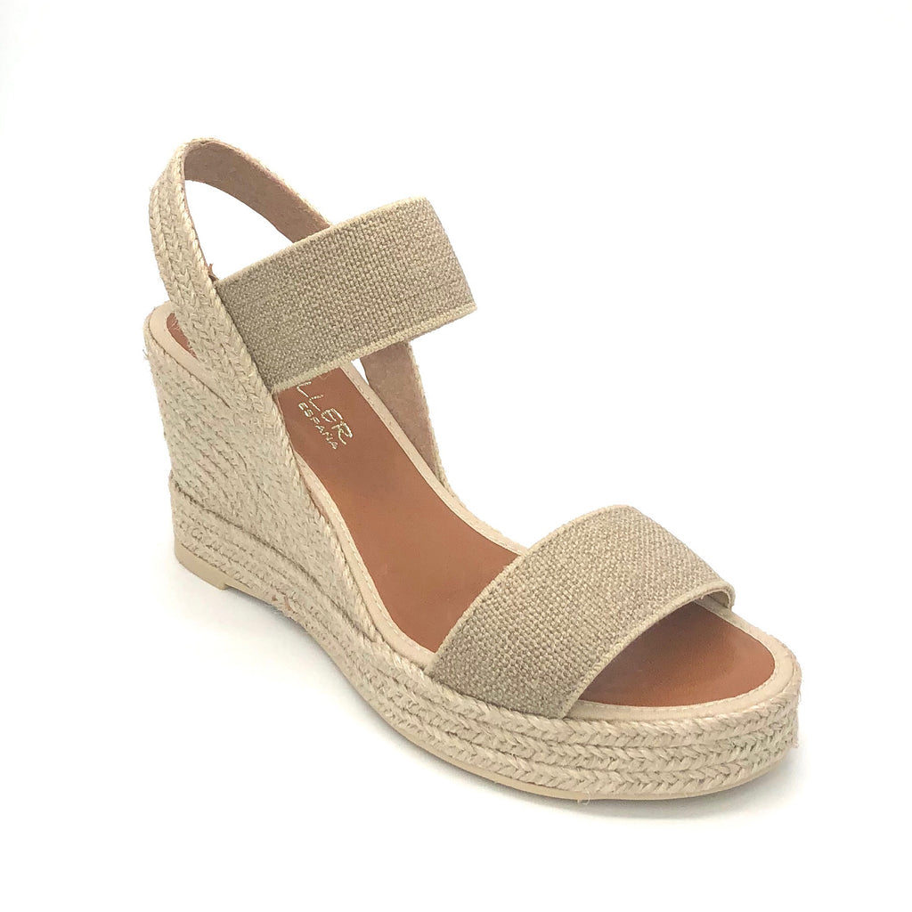 The Elastic 2 Band Espadrille in Natural Linen. This timeless and fashionable 2 band elastic top selling platform jute espadrille on mid wedge is the perfect neutral shoe for any outfit.