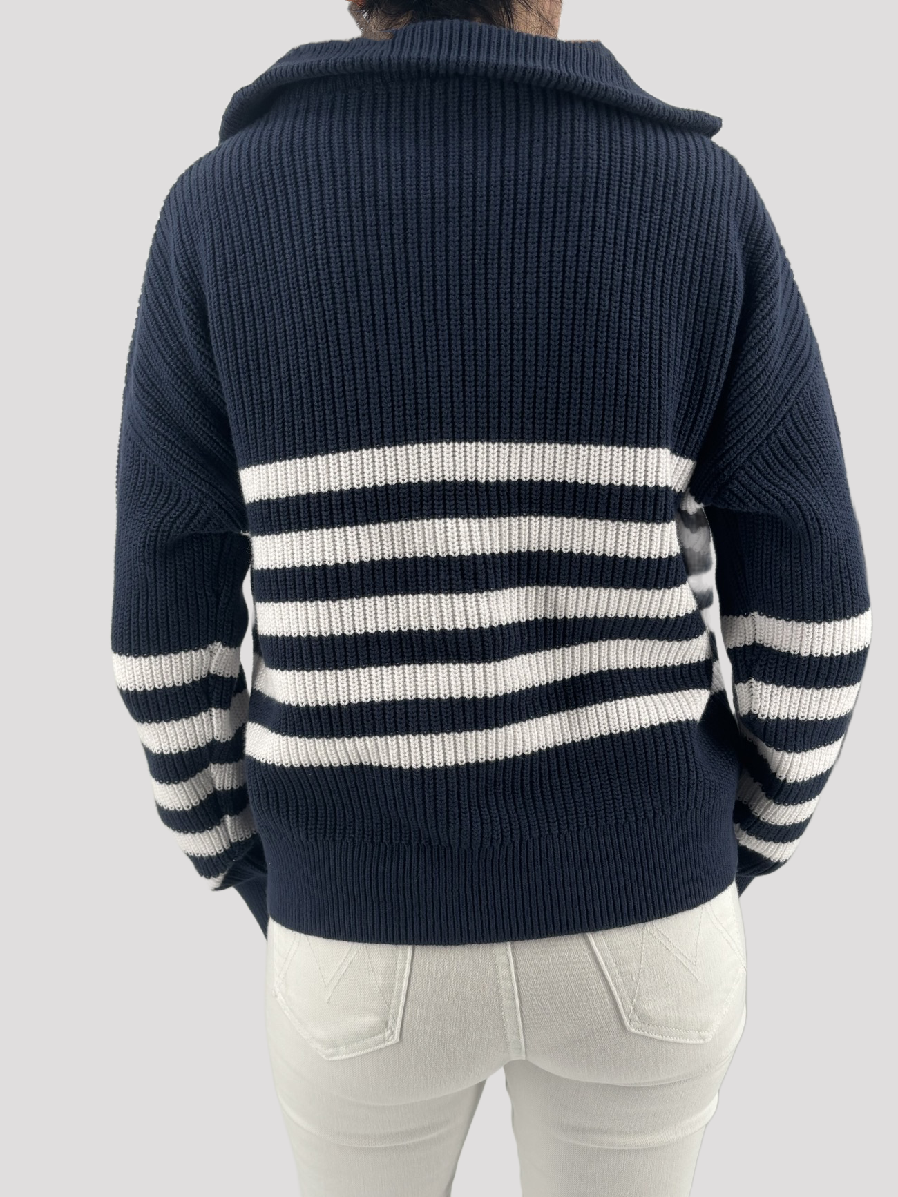 The Half Zip Shaker Sweater in Navy and White