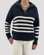 Load image into Gallery viewer, The Half Zip Shaker Sweater in Navy and White
