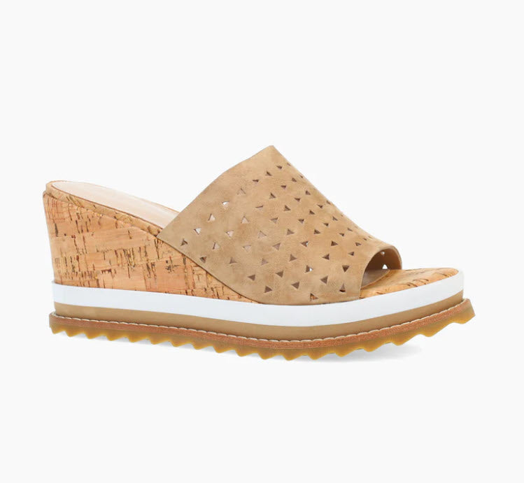 The Perforated Slide Sandal on Cork Sport Wedge in Latte