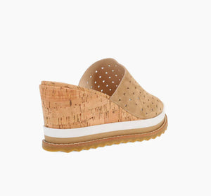 The Perforated Slide Sandal on Cork Sport Wedge in Latte