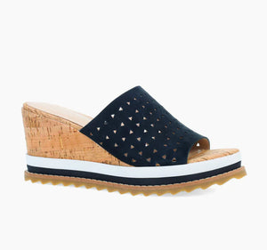 The Perforated Slide Sandal on Cork Sport Wedge in Midnight