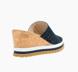 The Perforated Slide Sandal on Cork Sport Wedge in Midnight