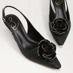 Load image into Gallery viewer, The Flower Raffia Sling Pump in Black
