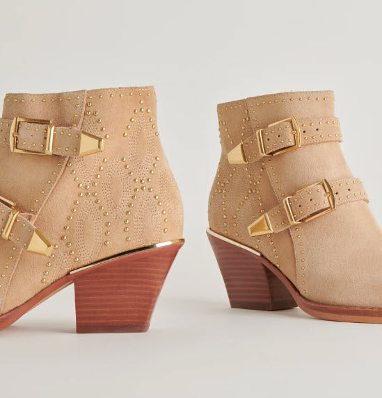 The Western Studded Buckle Bootie in Camel