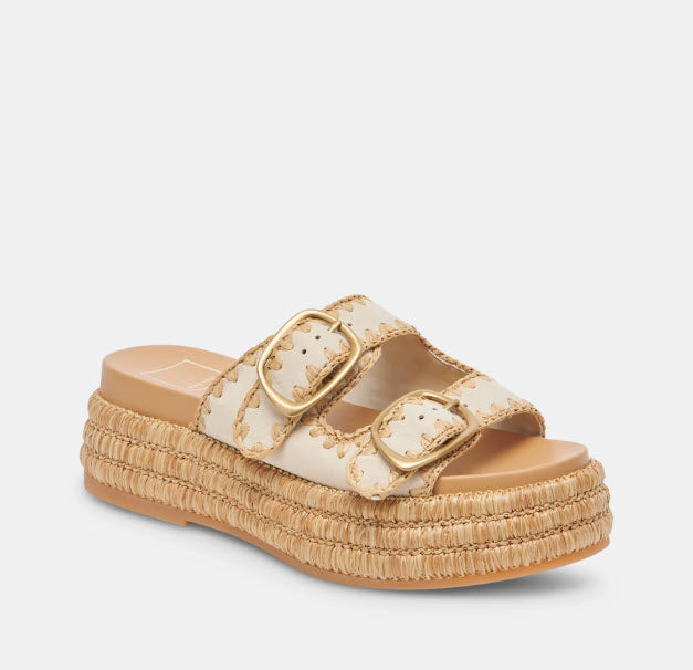 The Dual Buckle Sandal With Crochet Trim in Sand