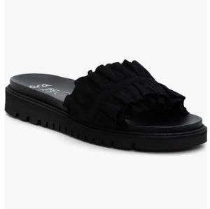 The Ruffle Comfort Slide Sandal in Black