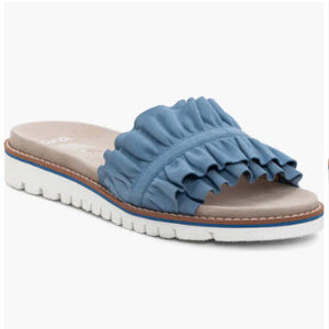 The Ruffle Comfort Slide Sandal in Cool Blue