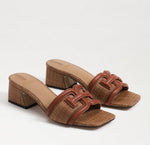 Load image into Gallery viewer, The Raffia &amp; Leather Signature Block Heel Slide in Cognac
