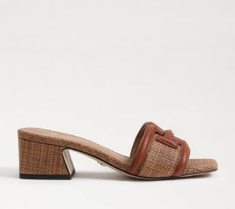 The Raffia & Leather Signature Block Heel Slide in Cognac