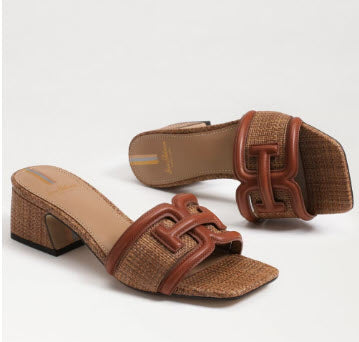 The Raffia & Leather Signature Block Heel Slide in Cognac