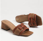 Load image into Gallery viewer, The Raffia &amp; Leather Signature Block Heel Slide in Cognac
