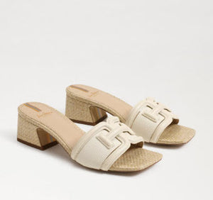 The Raffia & Leather Signature Block Heel Slide in Ivory