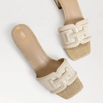 The Raffia & Leather Signature Block Heel Slide in Ivory