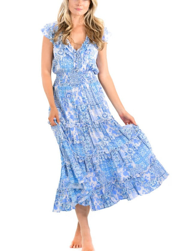 The Flutter Sleeve Maxi Dress in Coastal Blue