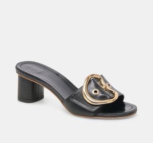 The Slide Sandal with Oversized Gold Buckle in Black