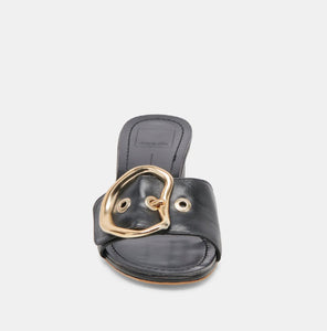 The Slide Sandal with Oversized Gold Buckle in Black