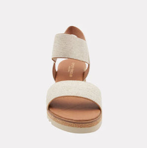 The Elastic Dual Band Low Wedge Sandal in Beige Linen