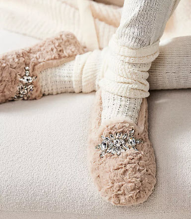 The Faux Fur Jeweled Slipper in Parchment