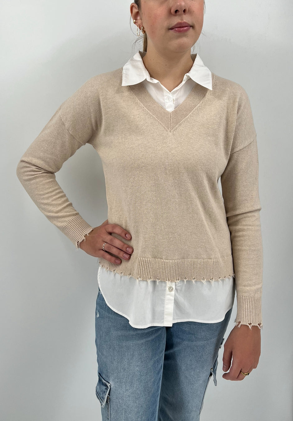 The Collared Layered V-Neck Sweater in Wicker