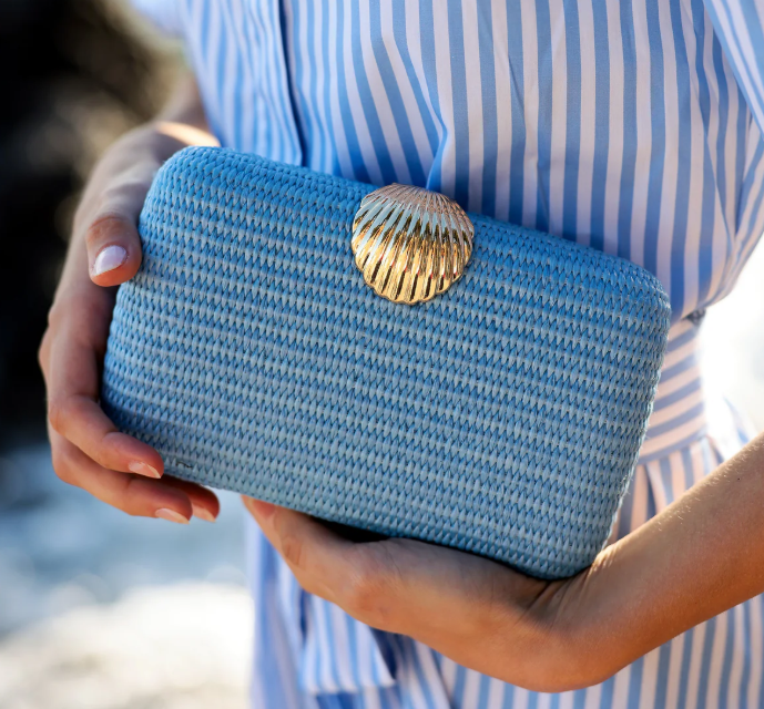 The Shell Clasp Clutch in Sky