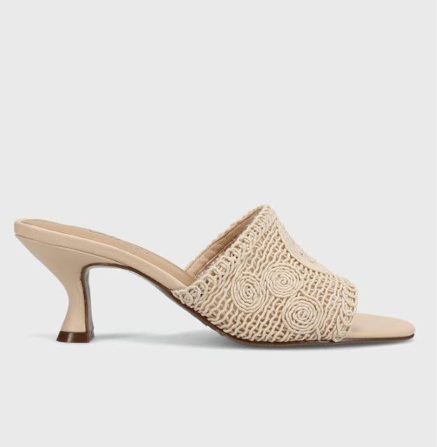 The Mid Kitten Heel Embroidered Slide Sandal in Rice