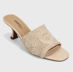 Load image into Gallery viewer, The Mid Kitten Heel Embroidered Slide Sandal in Rice
