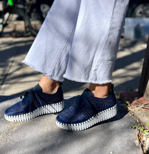 Tulip 4271 - The Knit Sneaker on Mid Platform Wedge in Dark Indigo
