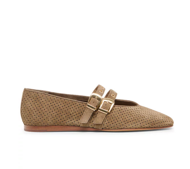 The Perforated Dual Strap MaryJane Flat in Olive