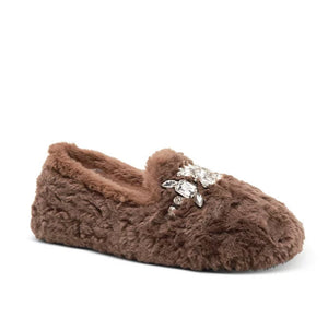 The Faux Fur Jeweled Slipper in Chocolate