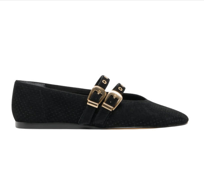 The Perforated Dual Strap MaryJane Flat in Onyx