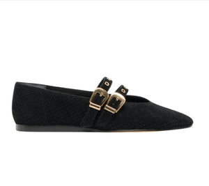 The Perforated Dual Strap MaryJane Flat in Onyx