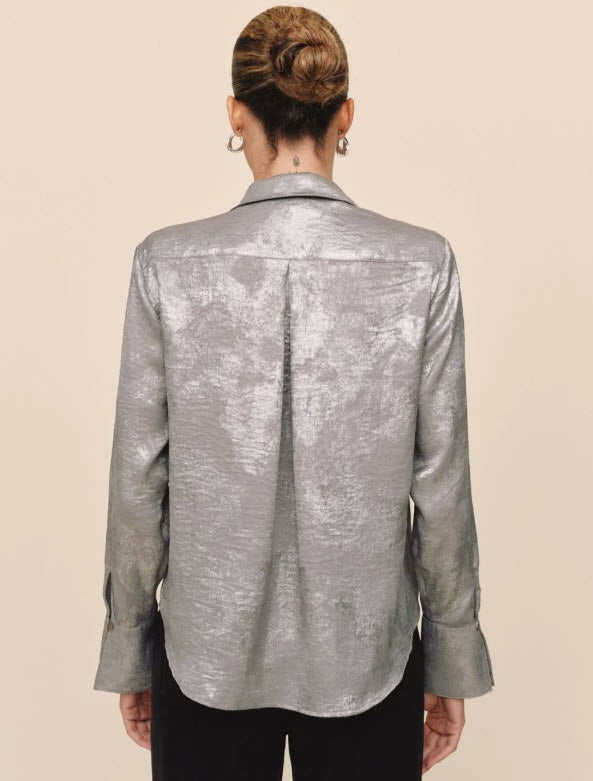 The Metallic Button Down Blouse in Silver