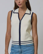 Load image into Gallery viewer, The Sleeveless Collared Zip Up Sweater in Ivory
