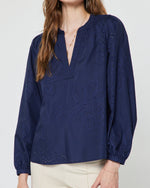 Load image into Gallery viewer, The Long Sleeve Laser Cut Blouse in Navy
