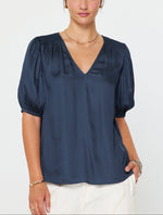 Load image into Gallery viewer, The Short Sleeve V-Neck Blouse in Slate Navy
