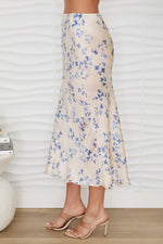 Load image into Gallery viewer, The Floral Satin Skirt in Blue Cream
