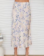 Load image into Gallery viewer, The Floral Satin Skirt in Blue Cream
