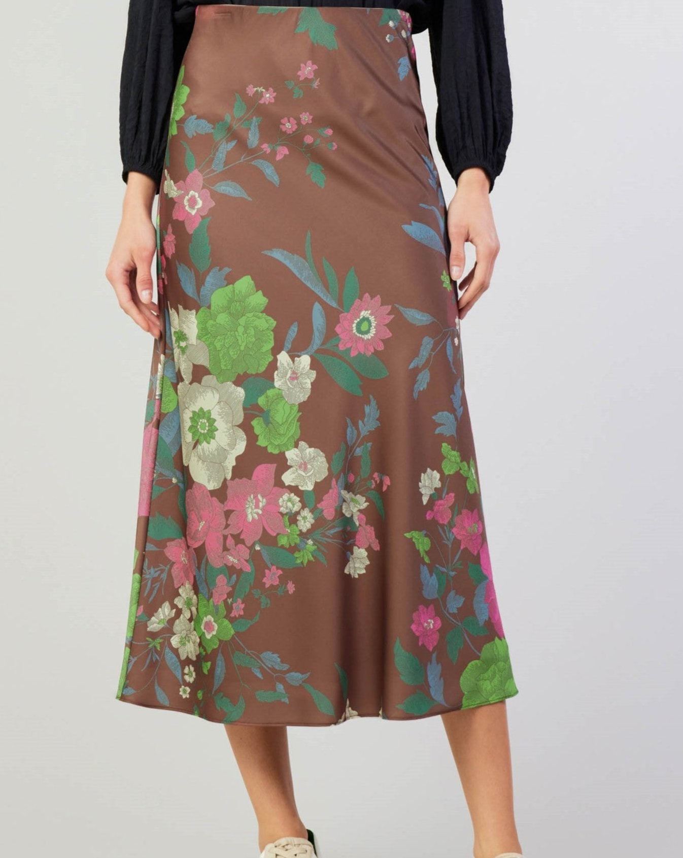 The Satin Floral Midi Skirt in Mocha