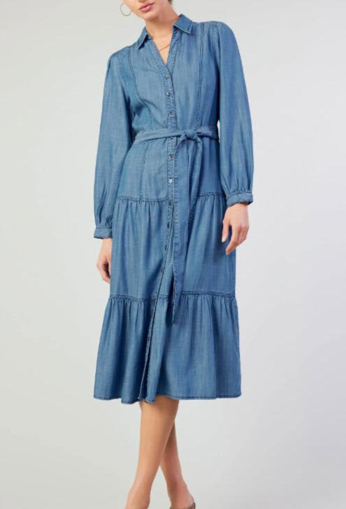 The Long Sleeve Button Front Midi Dress in Chambray