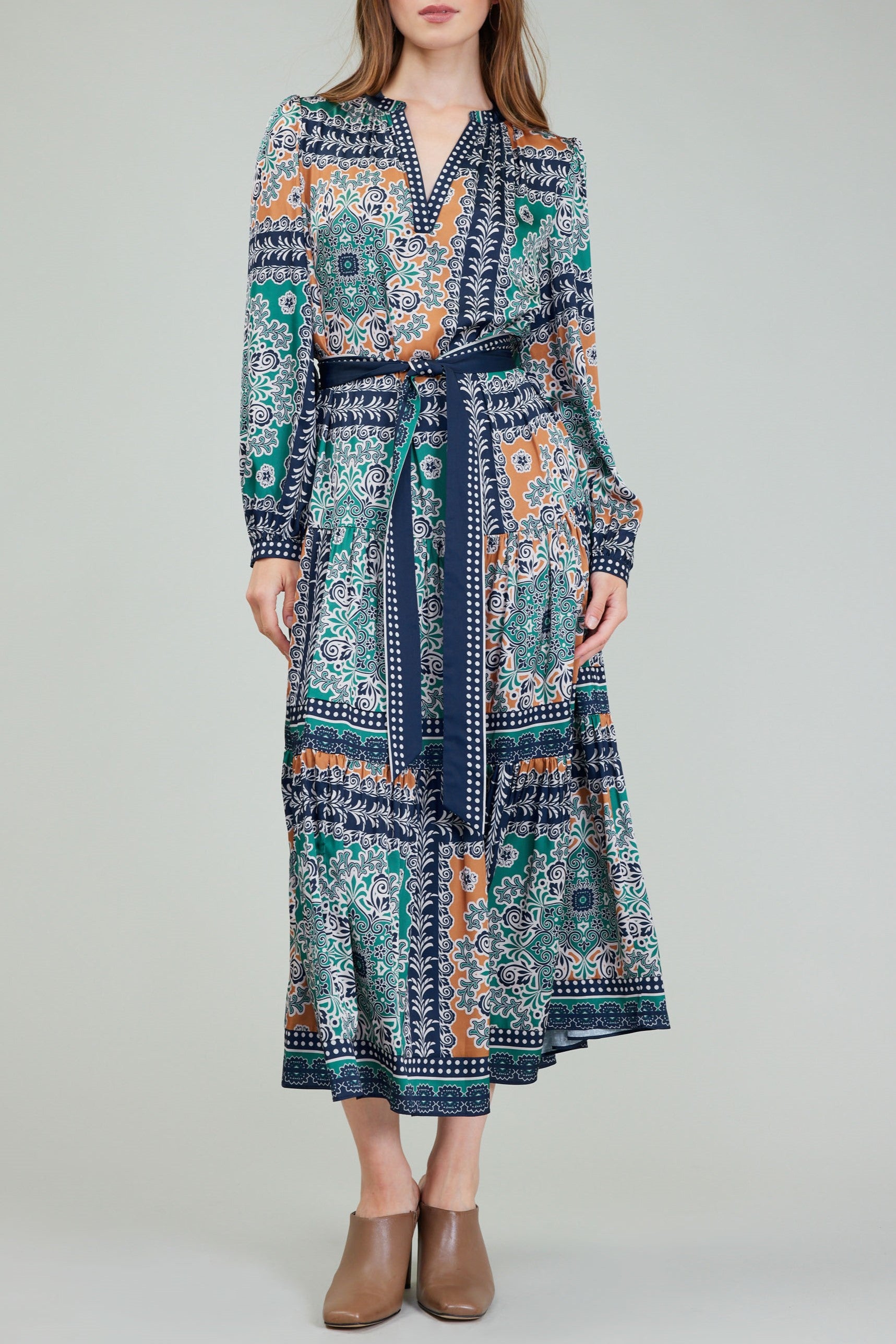 The Belted Maxi Dress in Green Multi