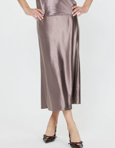 The Satin Midi Skirt in Mauve Brown