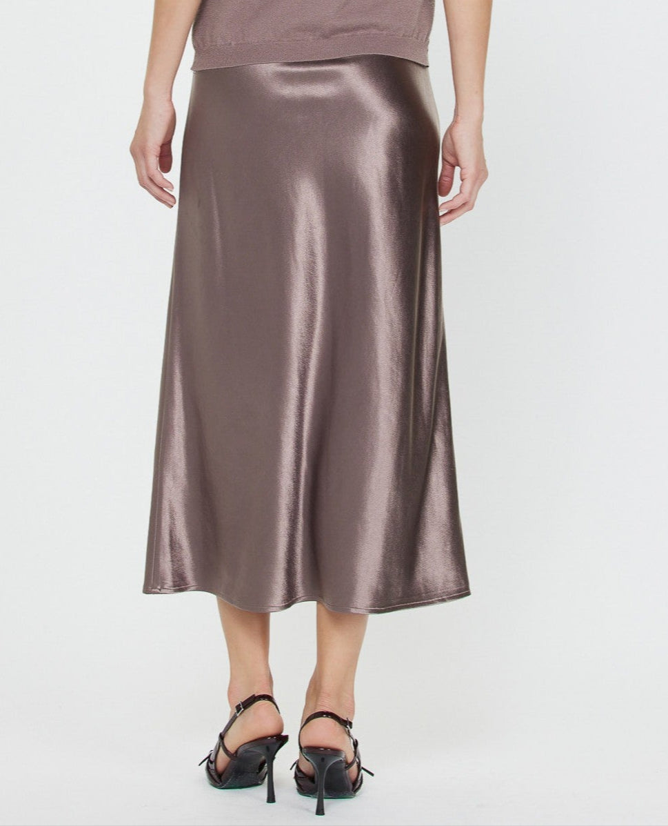 The Satin Midi Skirt in Mauve Brown