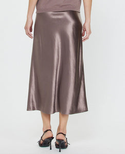 The Satin Midi Skirt in Mauve Brown