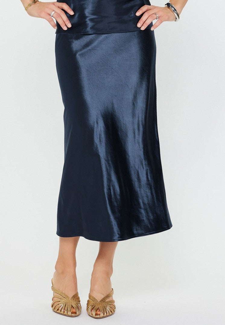 The Satin Midi Skirt in Navy