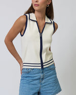 Load image into Gallery viewer, The Sleeveless Collared Zip Up Sweater in Ivory
