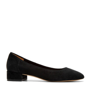 The Round Toe Classic Low Heel Pump in Black Suede