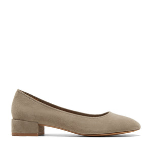 The Round Toe Classic Low Heel Pump in Taupe Suede