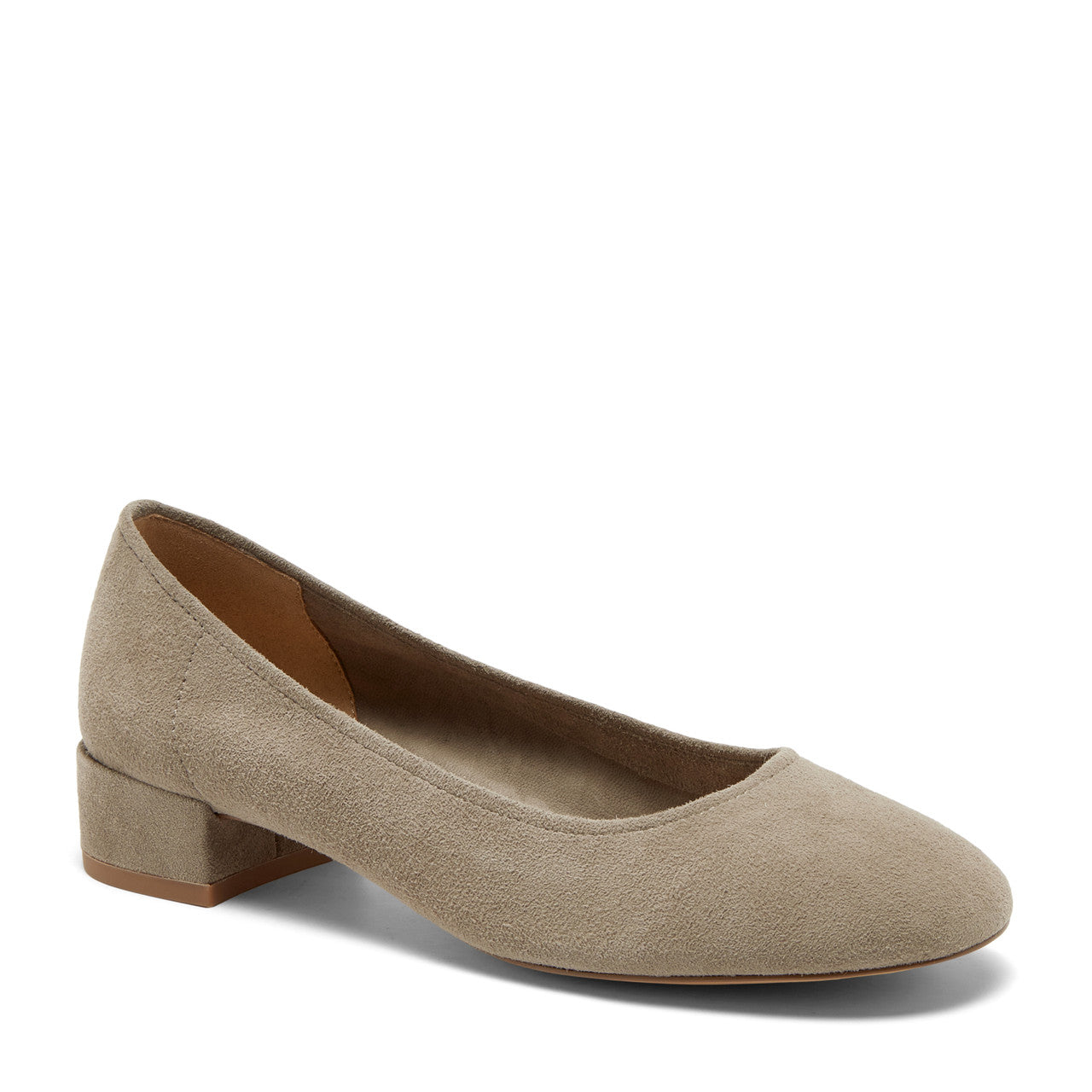 The Round Toe Classic Low Heel Pump in Taupe Suede